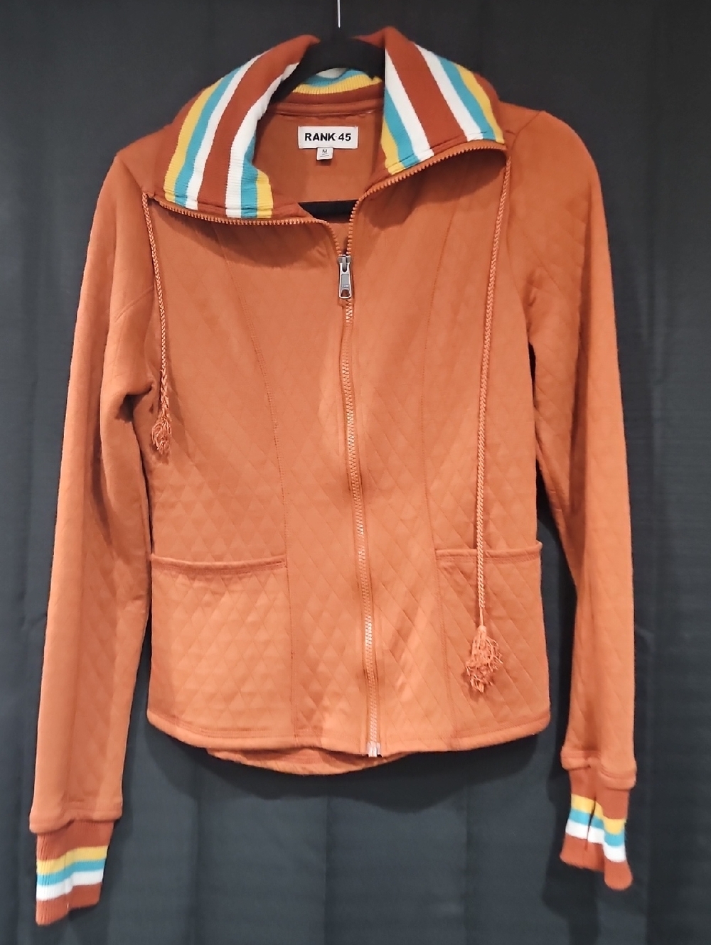 Rank 45 Women's Zip-Front Rust Jacket with Striped Collar